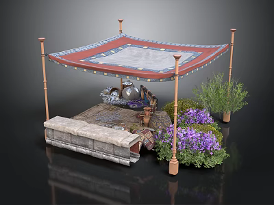 Outdoor Canopy Structure With Four Posts Stone Bench Purple Flowers And Green Plants 3d model