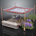 Outdoor Canopy Structure With Four Posts Stone Bench Purple Flowers And Green Plants