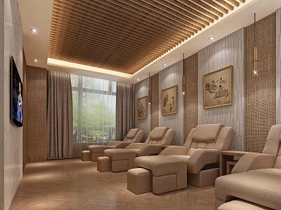 Serene SPA Sauna Interior Design With Beige Massage Chairs Wooden Ceiling And Decorative Paintings 3d model
