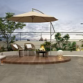 Terrace Garden Design With Wooden Deck Table And Chairs Green Plants Distant View And Sky