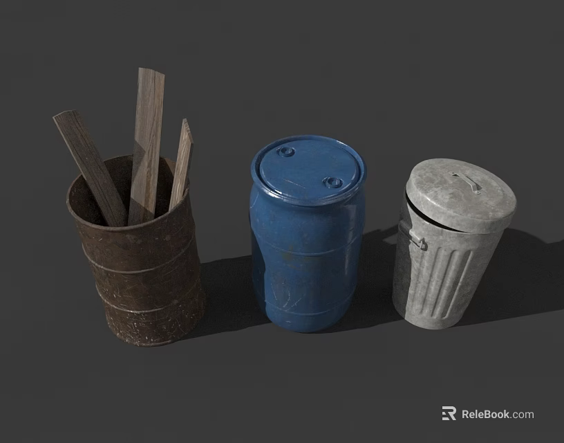 Swing Door Lid Storage Barrels With Wooden Planks And Colored Covers 3d model 