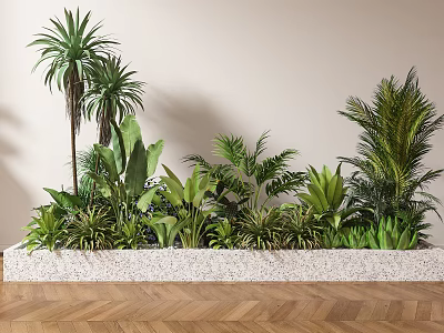 Various Green Potted Plants In Long White Stone Planter With Light Wall And Wooden Floor 3d model