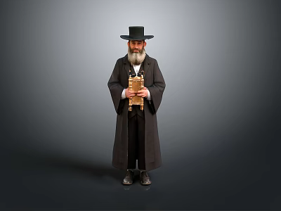 Elderly Man in Black Robe and Hat Holding Golden Scroll Against Gray Background 3d model