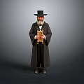Elderly Man in Black Robe and Hat Holding Golden Scroll Against Gray Background
