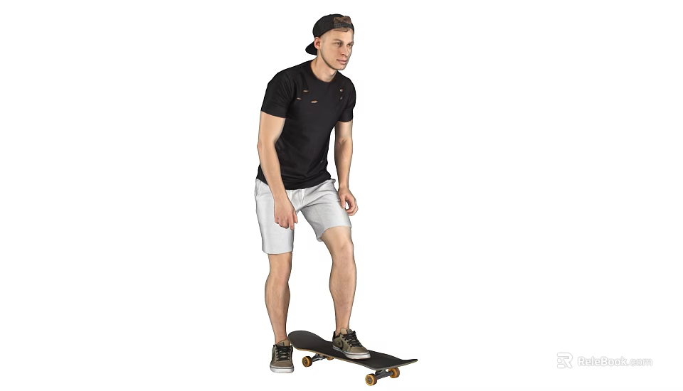 Man Skateboarding In Black T shirt And Light Gray Shorts 3d model 