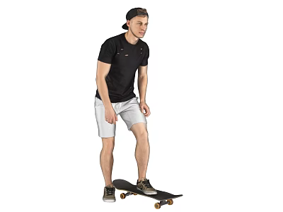 Man Skateboarding In Black T shirt And Light Gray Shorts 3d model