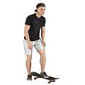 Man Skateboarding In Black T shirt And Light Gray Shorts