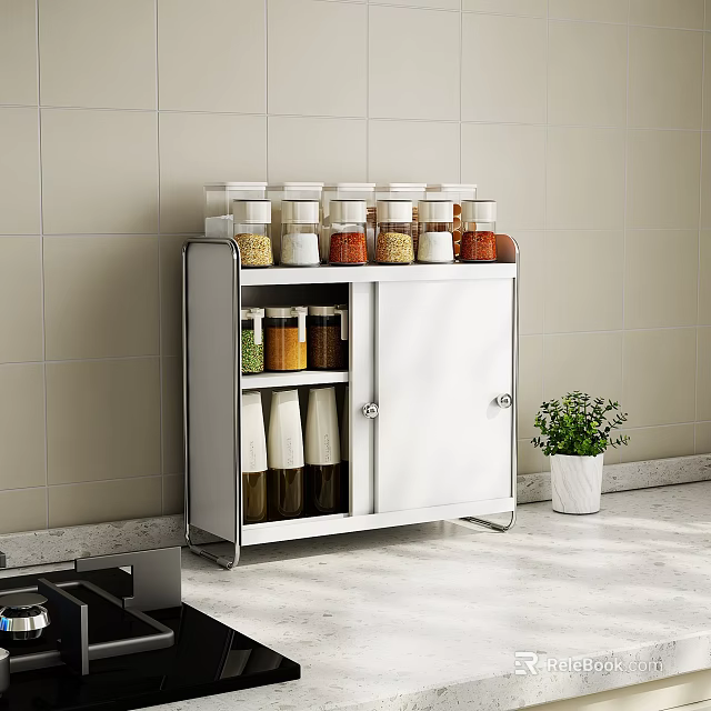 Organized Kitchen Storage Shelf With Spice Jars And Small Potted Plant 3d model