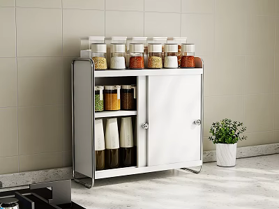Organized Kitchen Storage Shelf With Spice Jars And Small Potted Plant 3d model