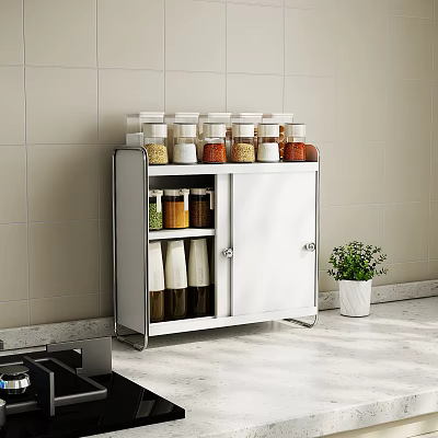 Organized Kitchen Storage Shelf With Spice Jars And Small Potted Plant 3d model