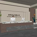 Modern Front Desk Reception for Architectural Design Company with Marble Countertop Computers Plants Balloon Decor