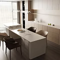 Modern Restaurant Interior With Open Concept Marble Island Wooden Elements Warm Lighting And Dining Chairs