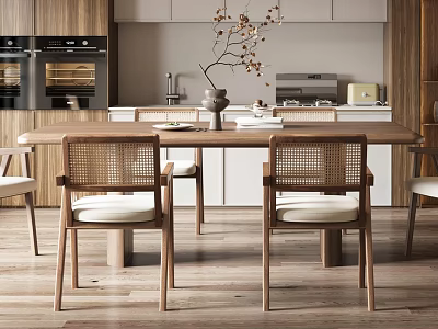 Modern Wooden Dining Table Set With Woven Chairs And Kitchen Cabinets 3d model