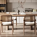 Modern Wooden Dining Table Set With Woven Chairs And Kitchen Cabinets 3d model