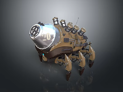 Industrial Mechanical Machinery Featuring Metal Shell Multiple Pipes Claw Legs And Glowing Elements 3d model