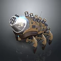Industrial Mechanical Machinery Featuring Metal Shell Multiple Pipes Claw Legs And Glowing Elements