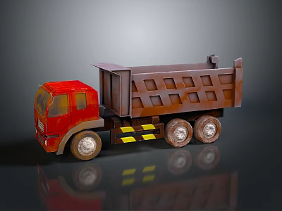 Red Cab Dump Truck With Brown Grid Bed Yellow Black Reflective Strips And Large Wheels 3d model