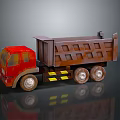 Red Cab Dump Truck With Brown Grid Bed Yellow Black Reflective Strips And Large Wheels