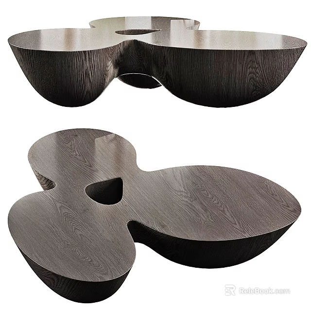 Unique Dark Wooden Coffee Table With Three Leaf Shape And Textured Surface 3d model 