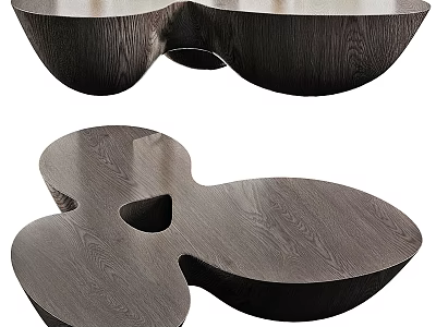 Unique Dark Wooden Coffee Table With Three Leaf Shape And Textured Surface 3d model