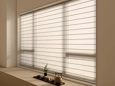 Elegant Window Blinds In Modern Room With Tray Plant And Teapot 3d model