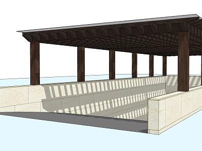 Outdoor Wooden Pergola Structure With Stone Walls And Waterfront View 3d model