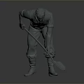 Detailed Gray Male Figure Sculpture In Bending Work Pose Holding Shovel