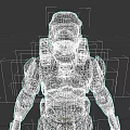 Game Movie Character In Sci Fi Combat Armor With Orange Visor And Blue Glowing Details