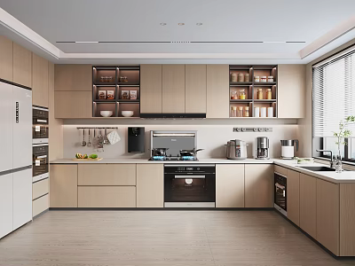 Modern Kitchen Interior With Light Wood Cabinets Built in Appliances And Window 3d model