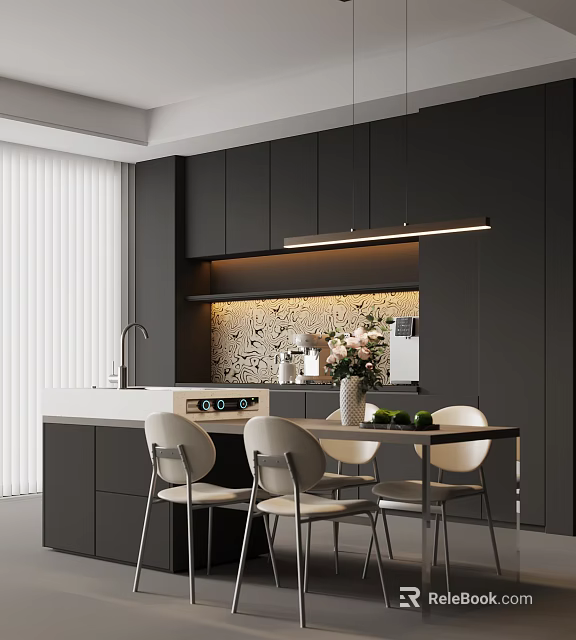 Modern Restaurant Kitchen With Dark Cabinets Open Concept Textured Backsplash Island Dining Table And Chairs 3d model 