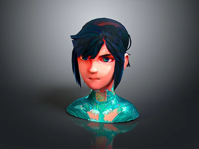 Game and Movie Character 3D Model With Dark Blue Hair Red Eyes Green Blue Patterns 3d model