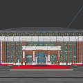 Red Brick Office Building Featuring Symmetrical Facade Arched Entrance Plaza Greenery and People Walking