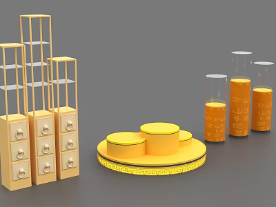 Modern Display Shelves Design With Multi Tiered Racks Drawer Units And Circular Platforms 3d model