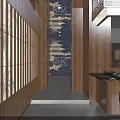 Upscale Dark Style Yakitori Japanese Restaurant Interior With Warm Wooden Bar And Illuminated Staircase
