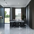 Modern Living and Dining Room with Large Windows Green View Sofa and Dining Table