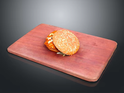 Delicious Juicy Hamburger With Sesame Seed Bun On Wooden Cutting Board 3d model