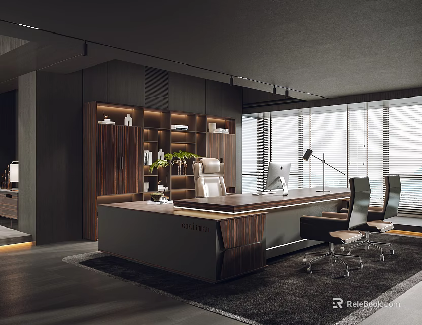 Modern Office Interior Design with Wooden Shelves Large Desk Ergonomic Chair and Windows 3d model 
