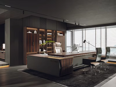 Modern Office Interior Design with Wooden Shelves Large Desk Ergonomic Chair and Windows 3d model