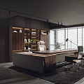 Modern Office Interior Design with Wooden Shelves Large Desk Ergonomic Chair and Windows