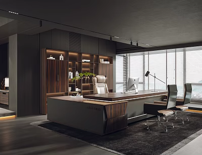 Modern Office Interior Design with Wooden Shelves Large Desk Ergonomic Chair and Windows 3d model