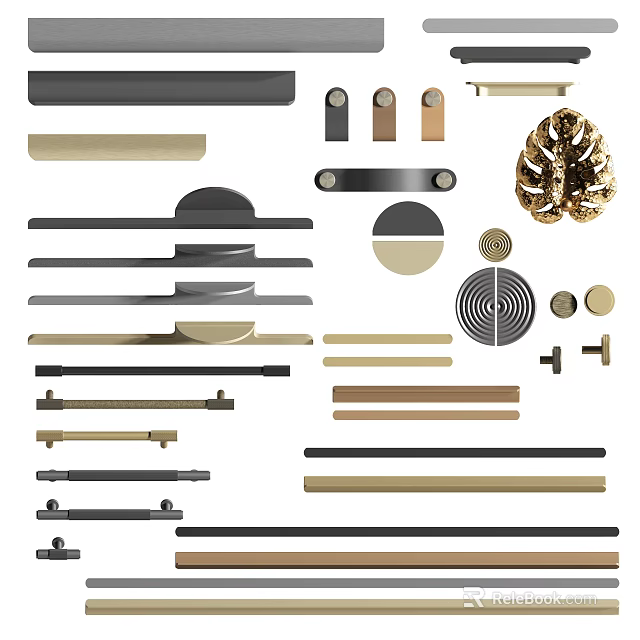Various Modern Cabinet Handles With Different Metal Shapes And Brass Finishes 3d model 