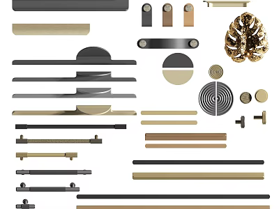 Various Modern Cabinet Handles With Different Metal Shapes And Brass Finishes 3d model