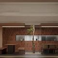 Restaurant Interior With Red Brick Walls Long Wooden Tables And Brown Chairs