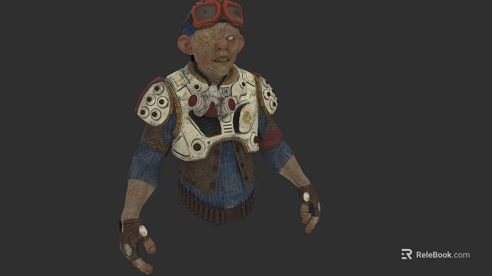 Detailed Character Sculpture With Red Goggles And Decorative Outfit Featuring Circular Buttons 3d model 