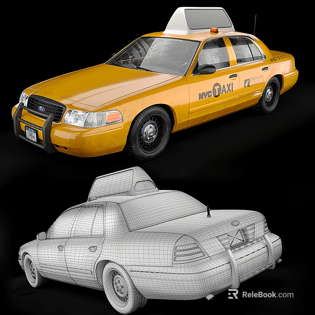 Yellow NYC Taxi Car With 3D Wireframe Model And Exterior Details 3d model 