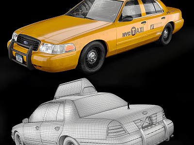 Yellow NYC Taxi Car With 3D Wireframe Model And Exterior Details 3d model