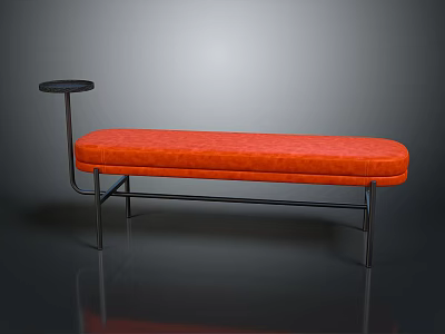 Modern Orange Upholstered Bench With Metal Frame And Small Round Side Table 3d model