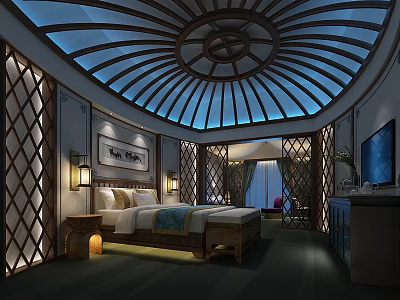 Traditional Hotel Guest Room Interior With Circular Glass Dome And Wooden Elements 3d model