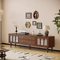 Retro Solid Wood TV Cabinet With Arched Glass Doors And Spacious Storage For Living Room