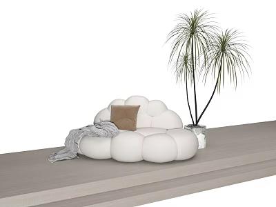 Cloud Shaped White Multi Person Sofa With Brown Cushion Gray Blanket And Green Plants 3d model